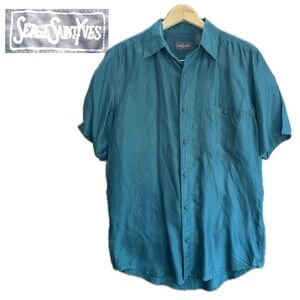 Serge Saint Yves Men's 100% Silk Vintage Teal Blue Shirt Short sleeve Size Small